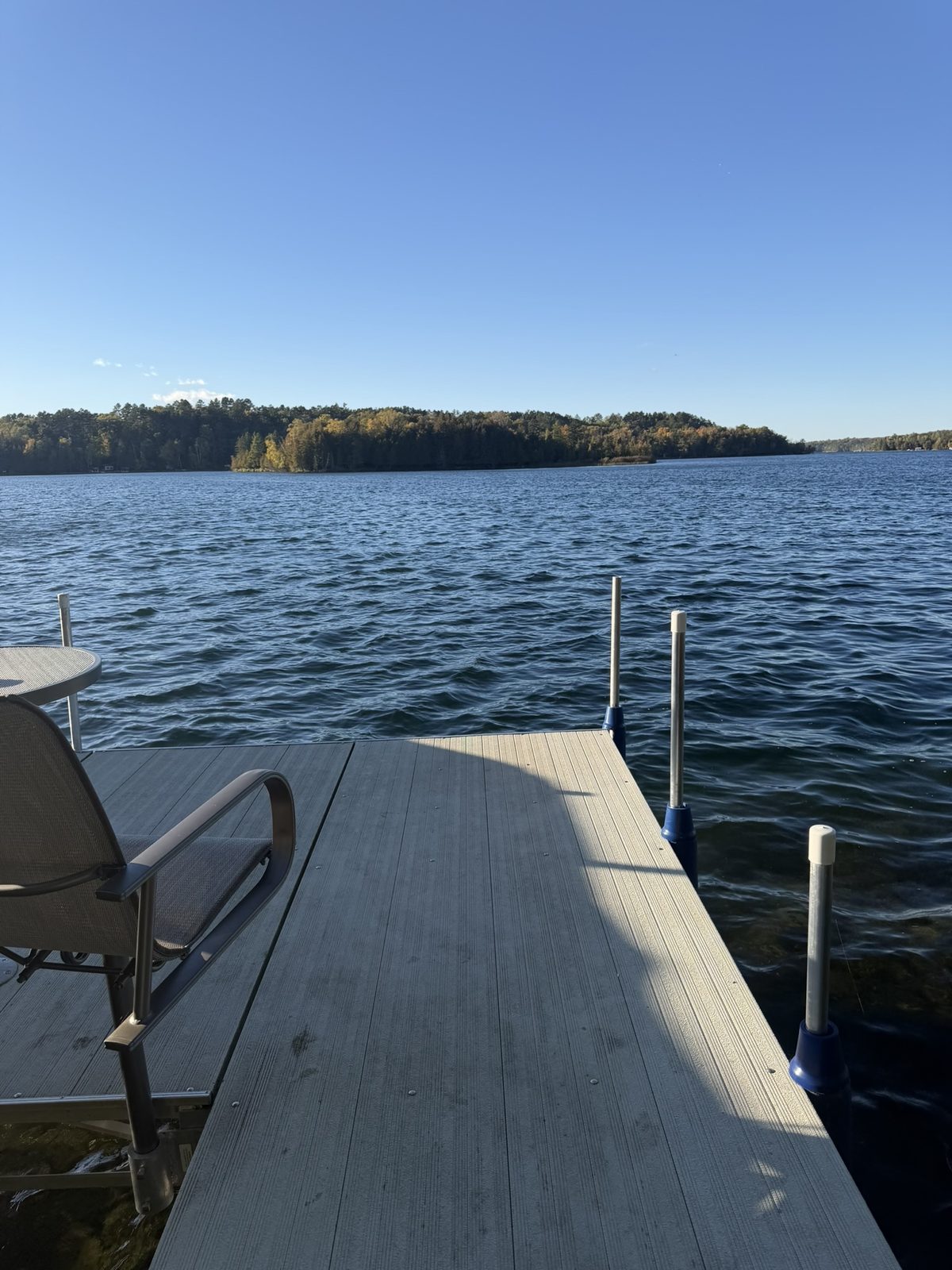 Dock reaching into blue water on Thunder Lake